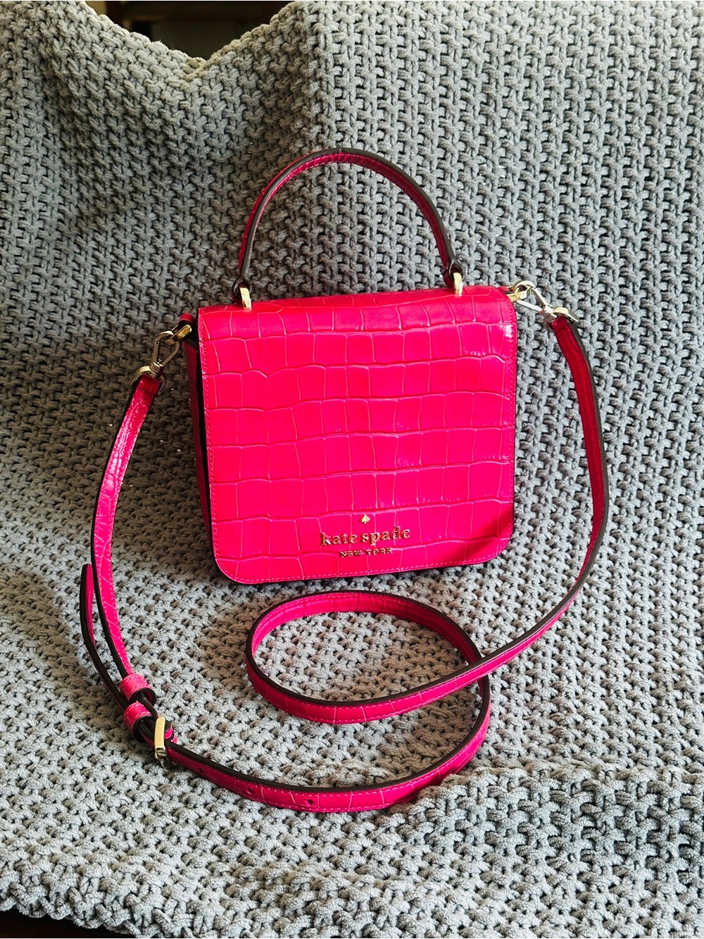 Kate Spade New York Croc-Embossed Top Handle Crossbody – Hot Pink